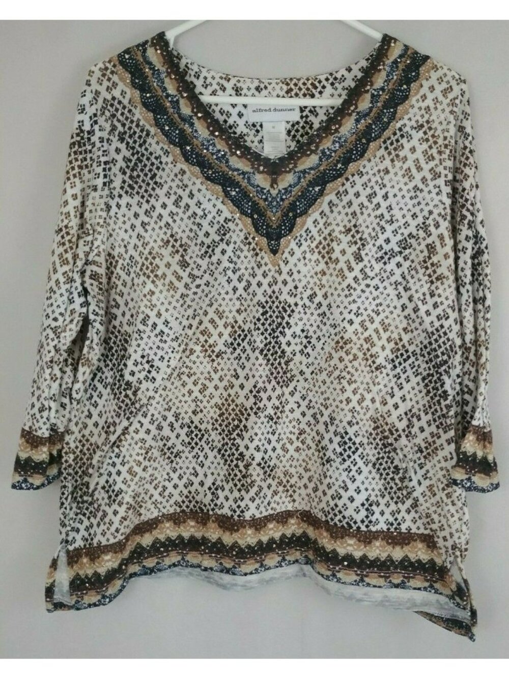 Alfred Dunner White, Brown, & Black Embellished 3/4 Sleeve Blouse Size Medium